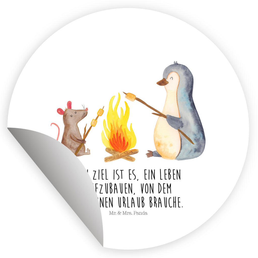 Rund Aufkleber Pinguin Lagerfeuer Sticker, Aufkleber, Etikett, Pinguin, Maus, Pinguine, Lagerfeuer, Leben, Arbeit, Job, Motivation, Büro, Büroalltag, Lebensspruch, Lebensmotivation, Neustart, Liebe, grillen, Feuer, Marshmallows