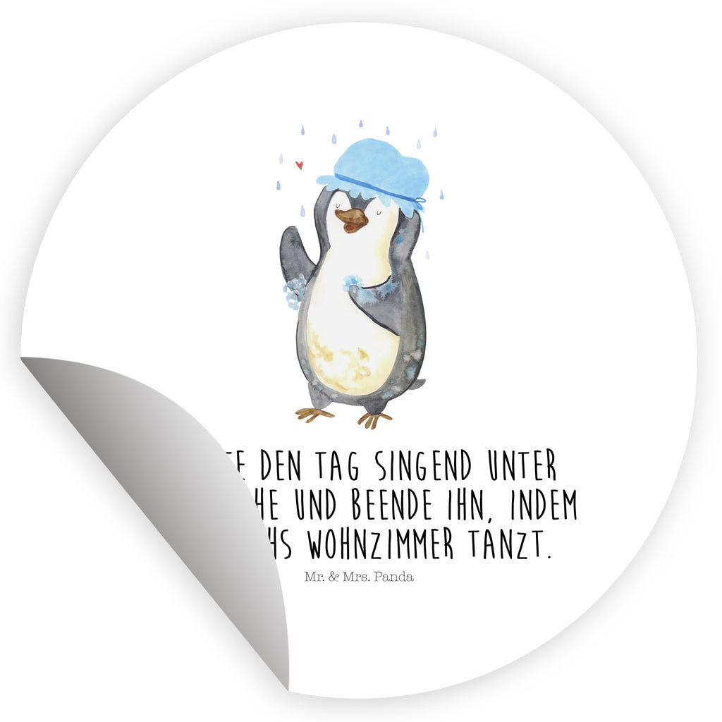 Rund Aufkleber Pinguin duscht Sticker, Aufkleber, Etikett, Kinder, rund, Pinguin, Pinguine, Dusche, duschen, Lebensmotto, Motivation, Neustart, Neuanfang, glücklich sein