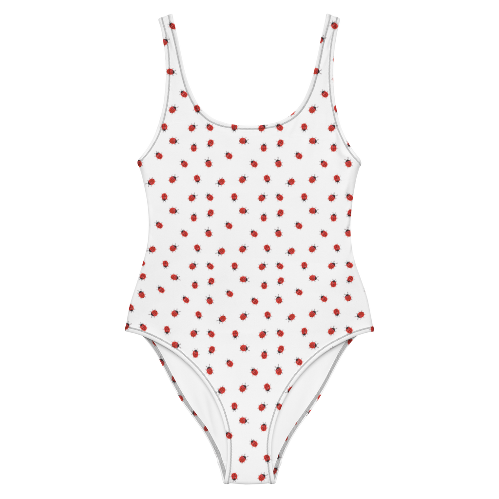 Badeanzug Marienkäfer Design Muster Badebekleidung, Bademode, Badeanzug, Swimsuit, Rückenfreier Badeanzug, Luxus-Bademode, Aquarell, Marienkäfer, grüne Punkte, Muster, niedlich, verspielt