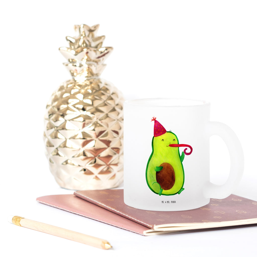 Teetasse Avocado Partyhupe Teetasse, Teeglas, Teebecher, Tasse mit Henkel, Tasse, Glas Teetasse, Teetasse aus Glas, Avocado, Veggie, Vegan, Gesund, Party, Feierlichkeit, Feier, Fete, Geburtstag, Gute Laune, Tröte