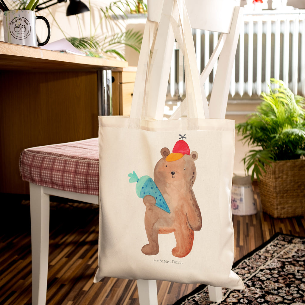 Tragetasche Bär mit Schultüte Beuteltasche, Beutel, Einkaufstasche, Jutebeutel, Stoffbeutel, Tasche, Shopper, Umhängetasche, Strandtasche, Schultertasche, Stofftasche, Tragetasche, Badetasche, Jutetasche, Einkaufstüte, Laptoptasche, Bär, Teddy, Teddybär, Bär Motiv, Schultüte, Erster Schultag Geschenk, Einschulung Geschenk, Schule Geschenk, Grundschule, Schulanfang, Schulbeginn