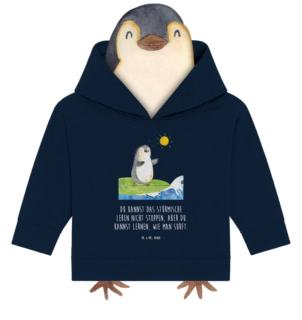 Organic Baby Hoodie Pinguin Surfer Baby Kapuzenshirt, Baby Kapuzensweatshirt, Baby Hoodie, Baby Pullover, Pinguin, Pinguine, surfen, Surfer, Hawaii, Urlaub, Wellen, Wellen reiten, Portugal