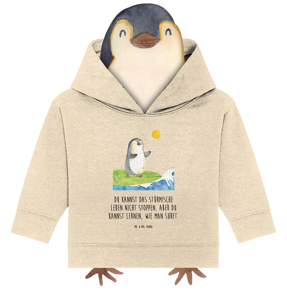 Organic Baby Hoodie Pinguin Surfer Baby Kapuzenshirt, Baby Kapuzensweatshirt, Baby Hoodie, Baby Pullover, Pinguin, Pinguine, surfen, Surfer, Hawaii, Urlaub, Wellen, Wellen reiten, Portugal