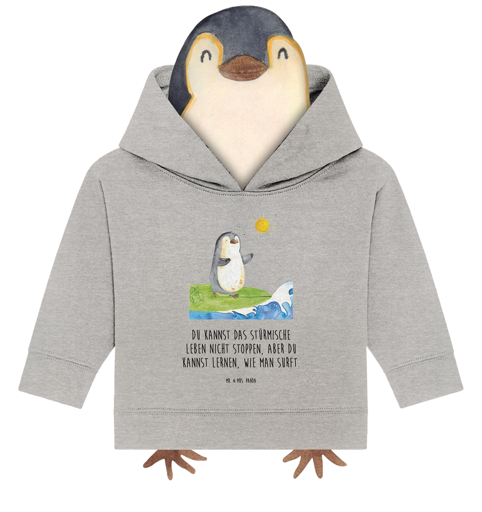 Organic Baby Hoodie Pinguin Surfer Baby Kapuzenshirt, Baby Kapuzensweatshirt, Baby Hoodie, Baby Pullover, Pinguin, Pinguine, surfen, Surfer, Hawaii, Urlaub, Wellen, Wellen reiten, Portugal