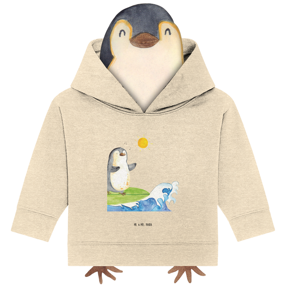 Organic Baby Hoodie Pinguin Surfer Baby Kapuzenshirt, Baby Kapuzensweatshirt, Baby Hoodie, Baby Pullover, Pinguin, Pinguine, surfen, Surfer, Hawaii, Urlaub, Wellen, Wellen reiten, Portugal