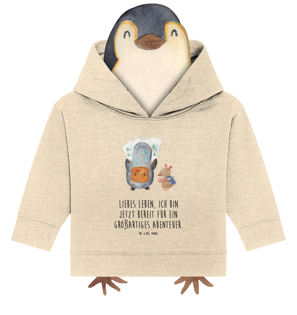 Organic Baby Hoodie Pinguin & Maus Wanderer Baby Kapuzenshirt, Baby Kapuzensweatshirt, Baby Hoodie, Baby Pullover, Pinguin, Pinguine, Abenteurer, Abenteuer, Roadtrip, Ausflug, Wanderlust, wandern