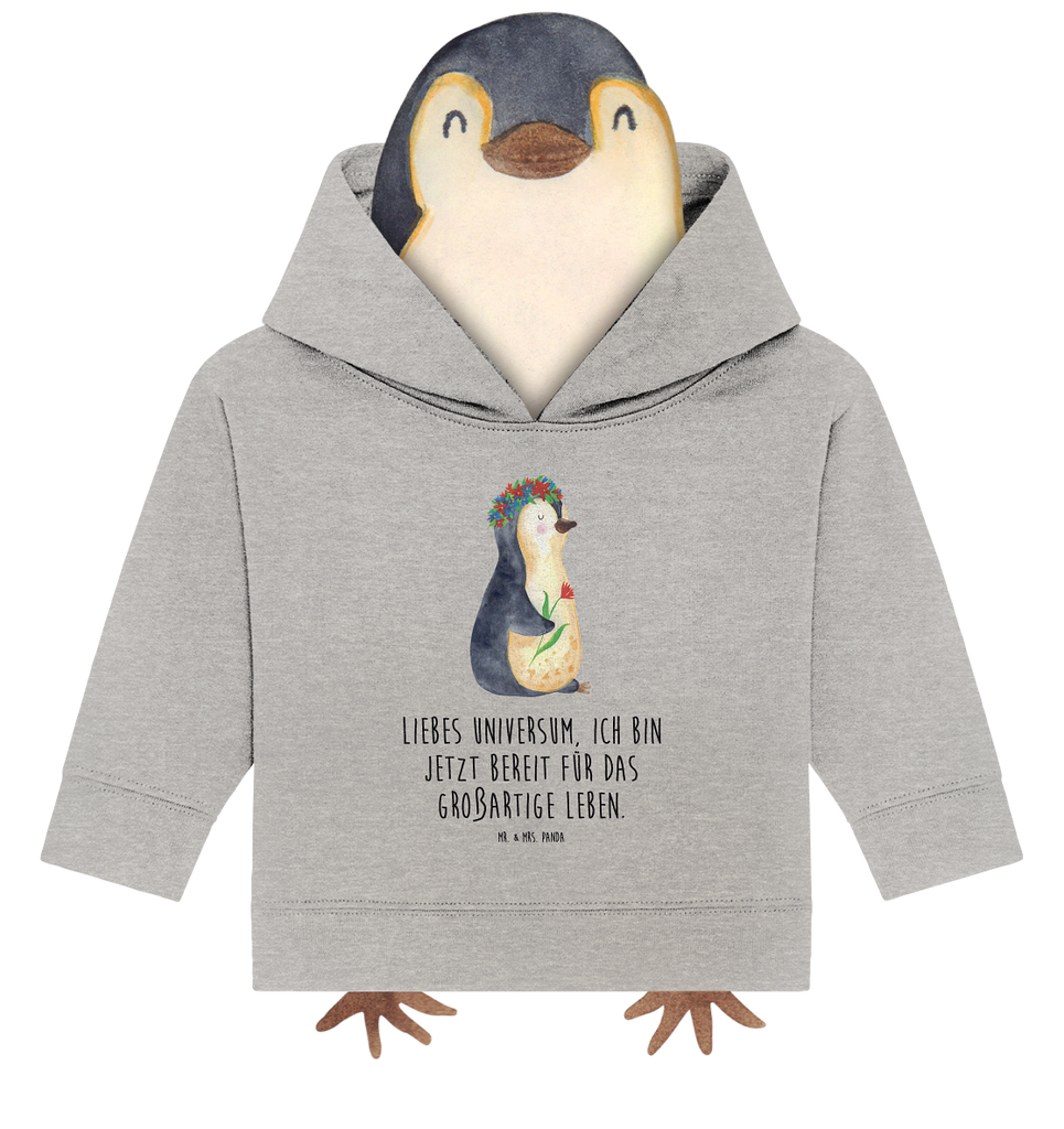 Organic Baby Hoodie Pinguin Blumen Baby Kapuzenshirt, Baby Kapuzensweatshirt, Baby Hoodie, Baby Pullover, Pinguin, Pinguine, Blumenkranz, Universum, Leben, Wünsche, Ziele, Lebensziele, Motivation, Lebenslust, Liebeskummer, Geschenkidee