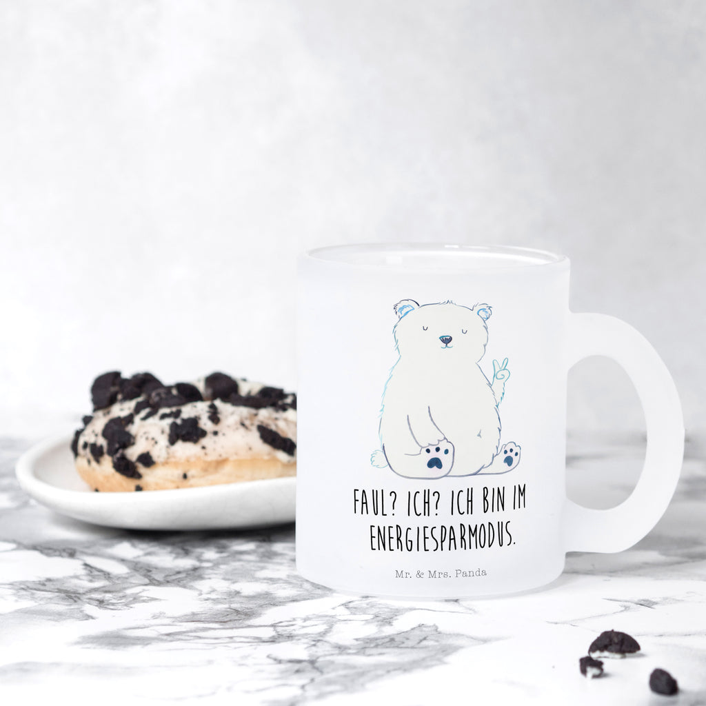 Teetasse Eisbär Faul Teetasse, Teeglas, Teebecher, Tasse mit Henkel, Tasse, Glas Teetasse, Teetasse aus Glas, Bär, Teddy, Teddybär, Eisbär, Nordpol, Faul, Entspannen, Relaxen, Büro, Arbeit, Bürojob, Arbeitsplatz, Homeoffice