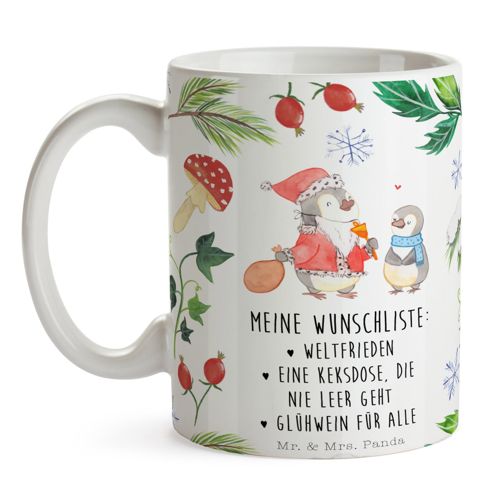 Tasse Pinguin Wunschliste Tasse, Kaffeetasse, Teetasse, Becher, Kaffeebecher, Teebecher, Keramiktasse, Porzellantasse, Büro Tasse, Geschenk Tasse, Tasse Sprüche, Tasse Motive, Winter, Weihnachten, Weihnachtsdeko, Nikolaus, Advent, Heiligabend, Wintermotiv