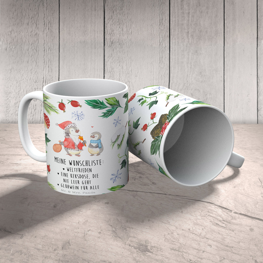 Tasse Pinguin Wunschliste Tasse, Kaffeetasse, Teetasse, Becher, Kaffeebecher, Teebecher, Keramiktasse, Porzellantasse, Büro Tasse, Geschenk Tasse, Tasse Sprüche, Tasse Motive, Winter, Weihnachten, Weihnachtsdeko, Nikolaus, Advent, Heiligabend, Wintermotiv