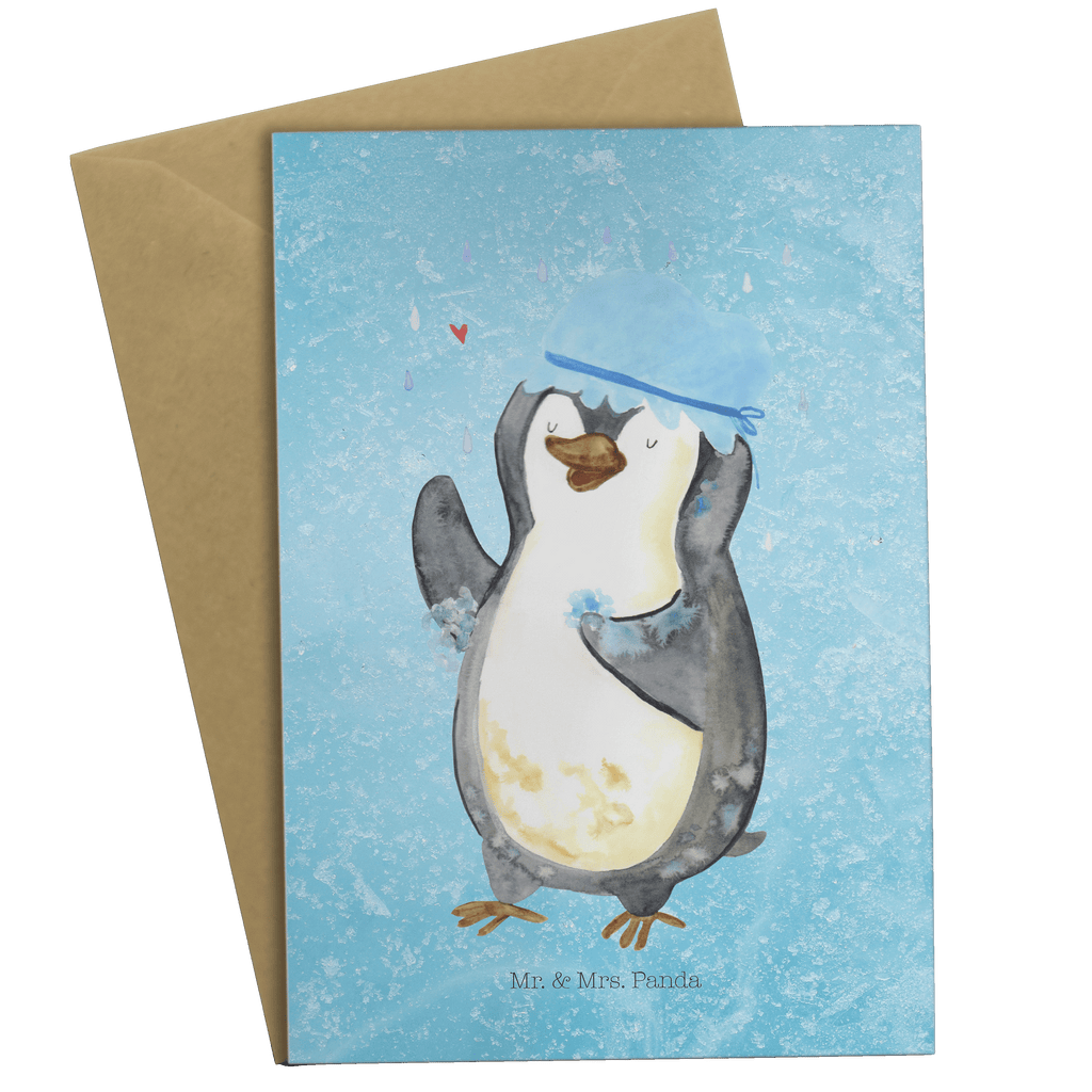 Grußkarte Pinguin duscht Grußkarte, Klappkarte, Einladungskarte, Glückwunschkarte, Hochzeitskarte, Geburtstagskarte, Karte, Ansichtskarten, Pinguin, Pinguine, Dusche, duschen, Lebensmotto, Motivation, Neustart, Neuanfang, glücklich sein