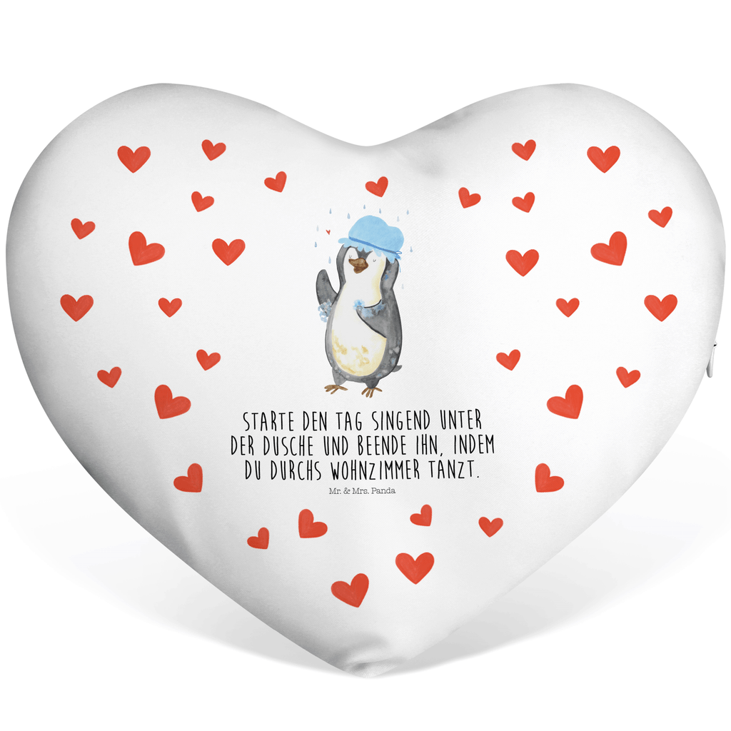 Herzkissen Pinguin duscht Kissen, Herzkissen, Herzform, Herz, Dekokissen, Pinguin, Pinguine, Dusche, duschen, Lebensmotto, Motivation, Neustart, Neuanfang, glücklich sein