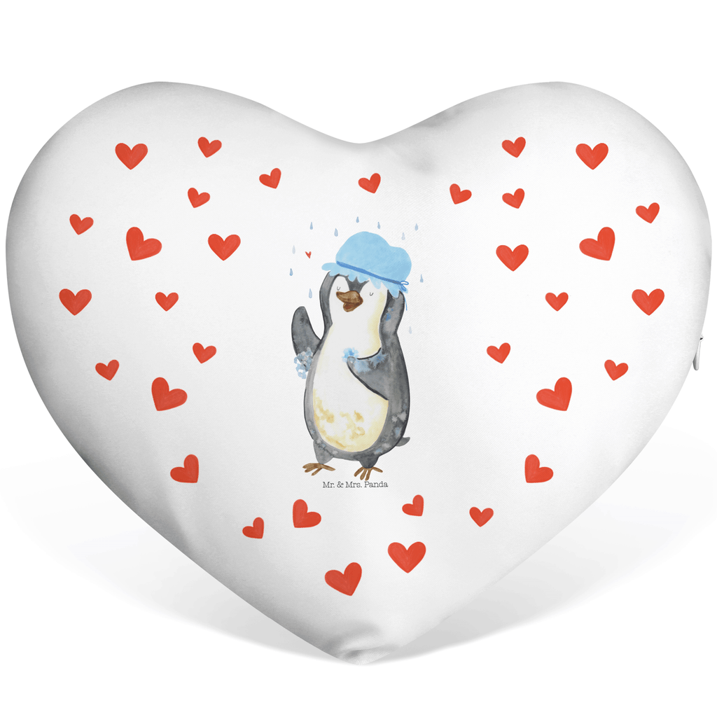 Herzkissen Pinguin duscht Kissen, Herzkissen, Herzform, Herz, Dekokissen, Pinguin, Pinguine, Dusche, duschen, Lebensmotto, Motivation, Neustart, Neuanfang, glücklich sein