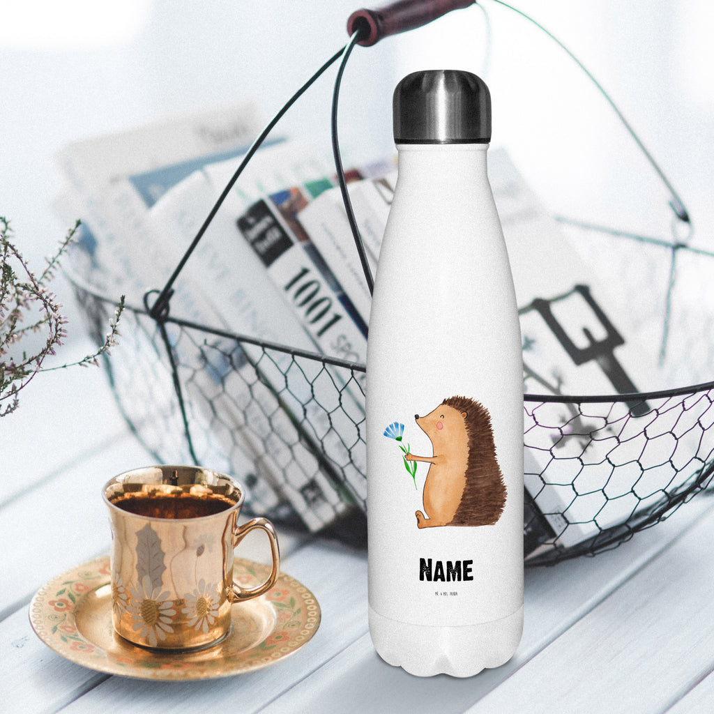 Personalisierte Thermosflasche Igel mit Blume Personalisierte Isolierflasche, Personalisierte Thermoflasche, Personalisierte Trinkflasche, Trinkflasche Mit Namen, Wunschname, Bedrucken, Namensflasche, Tiermotive, Gute Laune, lustige Sprüche, Tiere, Igel, Gute Besserung, Genesungswünsche, Krankheit, Krankenhaus, krank, Besuch