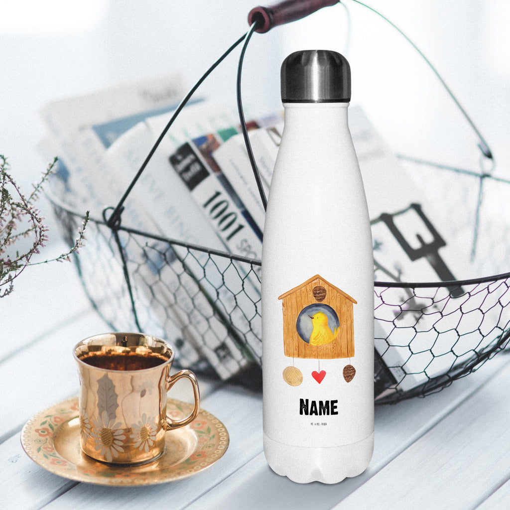 Personalisierte Thermosflasche Vogelhaus sweet Home Personalisierte Isolierflasche, Personalisierte Thermoflasche, Personalisierte Trinkflasche, Trinkflasche Mit Namen, Wunschname, Bedrucken, Namensflasche, Tiermotive, Gute Laune, lustige Sprüche, Tiere, Vogelhaus, Vogel, Home sweet Home, Einzug, Umzug, Geschenk, Einzugsgeschenk, Hausbau, Haus